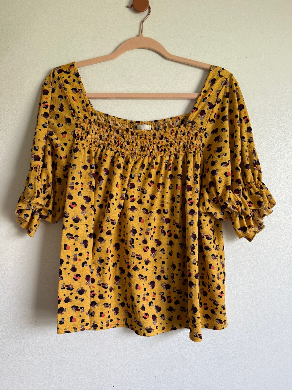 MELLODAY Mustard Smocked Square-Neck Top with Black and Pink Cheetah